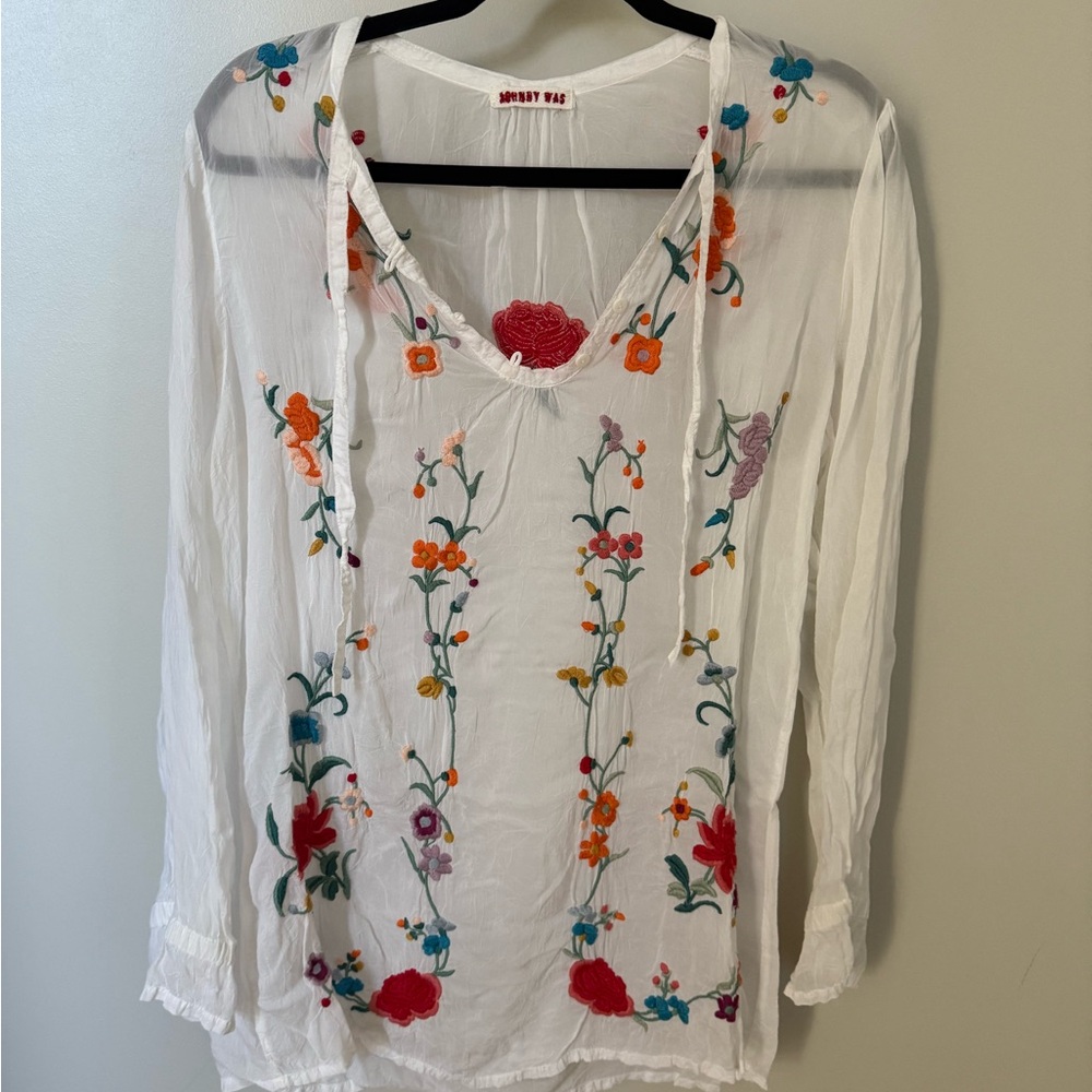 Johnny Was White Long Sleeve Embellished Blouse